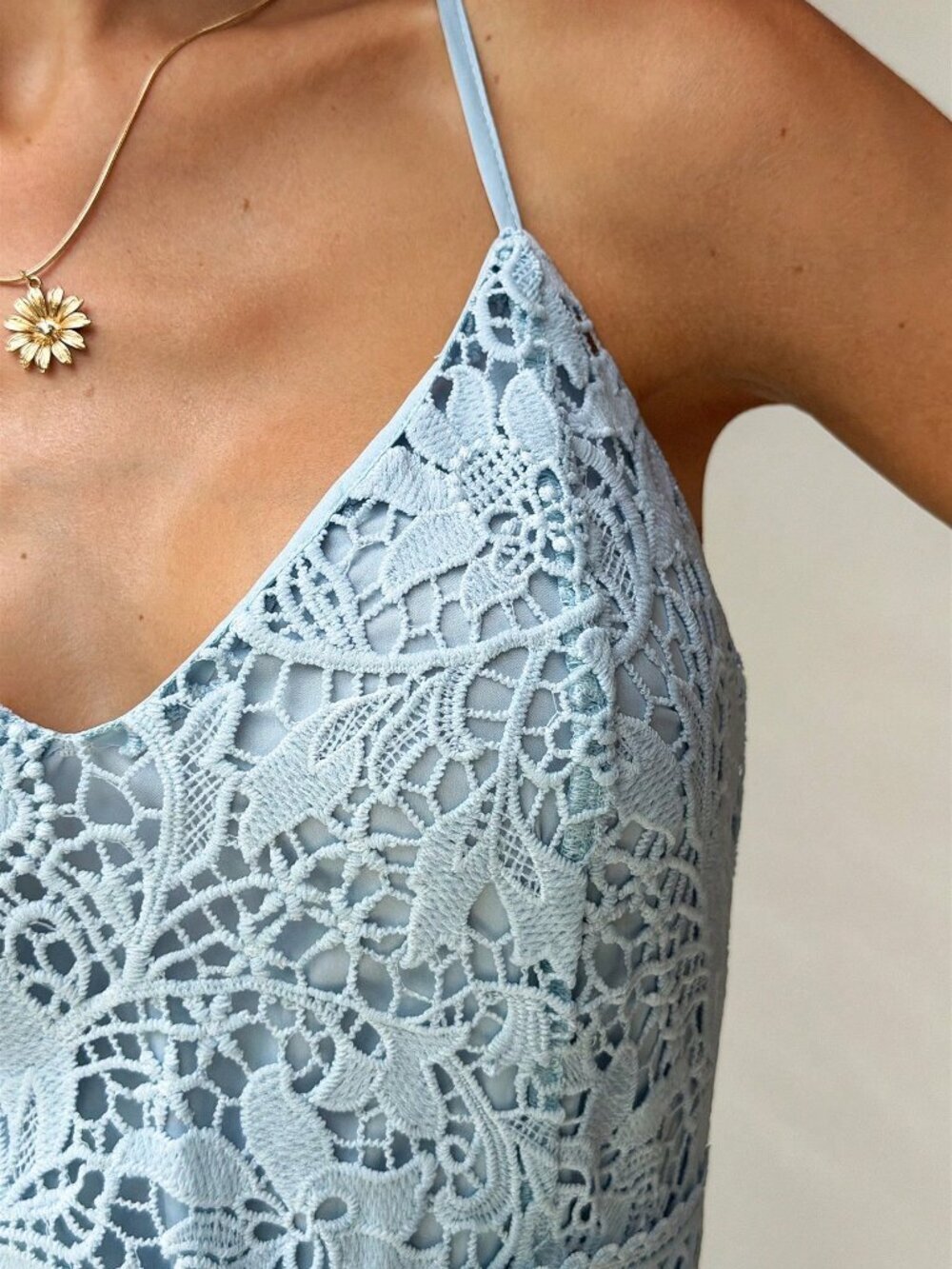 Baby Blue Elegant Women's Boho Chic Mini Dress with Lace Spaghetti Straps - Picture 6 of 6